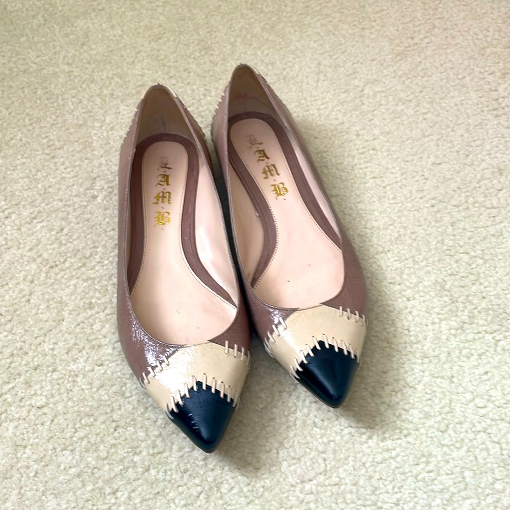 L.A.M.B. Brown, Cream & Black Pointed Toe Flats